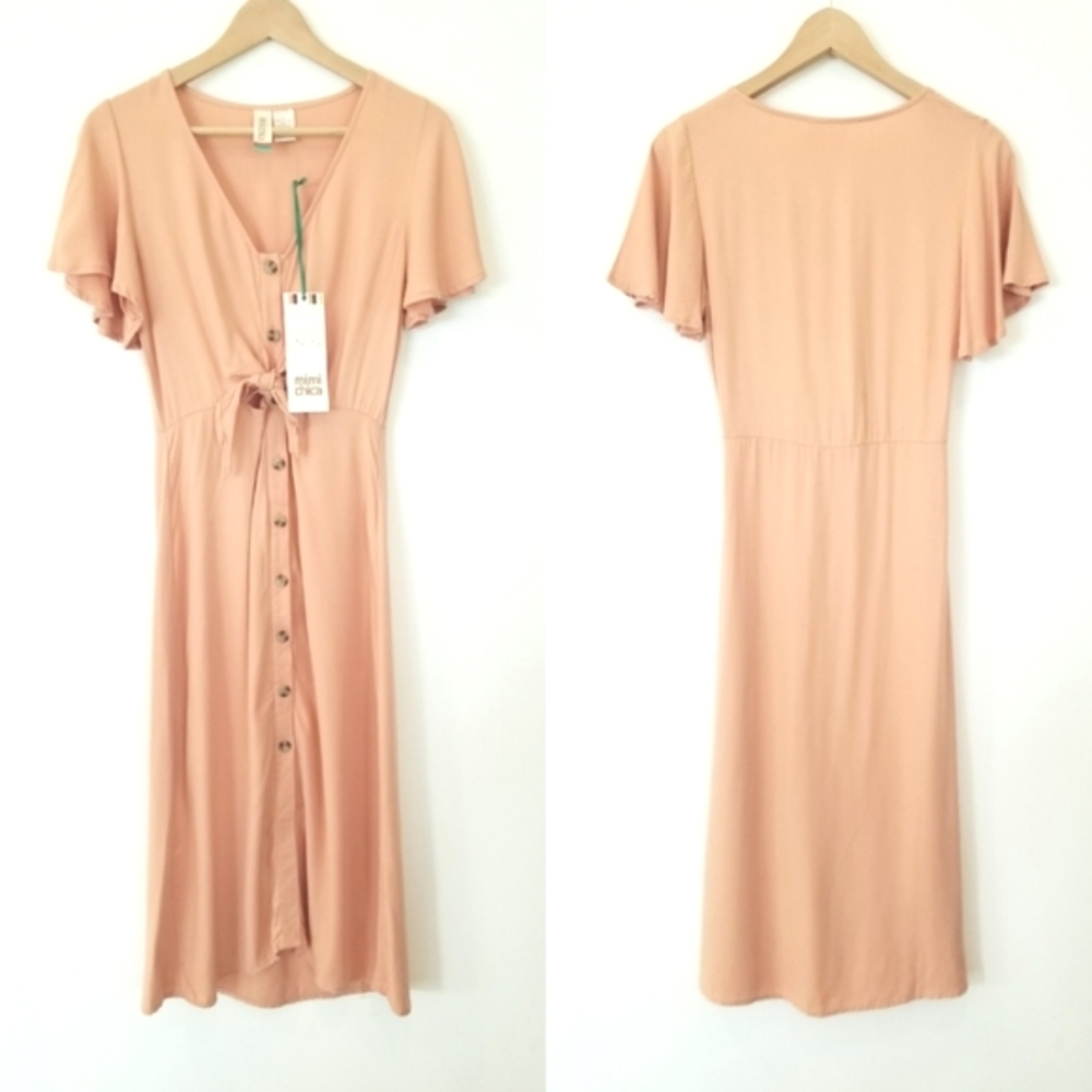 Mimi Chica Cut Out Tie Knot Maxi Dress Button Down Short Sleeve Boho Peasant NWT - Picture 1 of 9